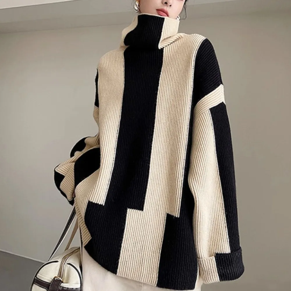 High-crowned Lazy Style Black White Stripe Wool Coat Women Autumn Winter Outdoor Warm Soft Cover Knitted Top Thick