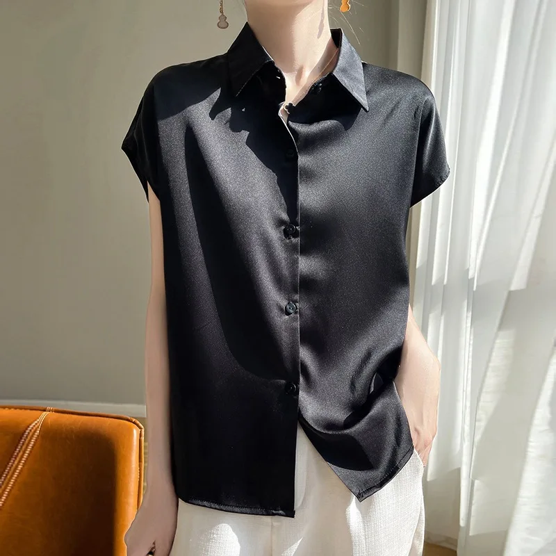 Summer Women's Luxury Blouse Satin Silk Tee Short Sleeve Shirts Acetate Button Up T-shirts Thin Office Lady Tops Women Clothing