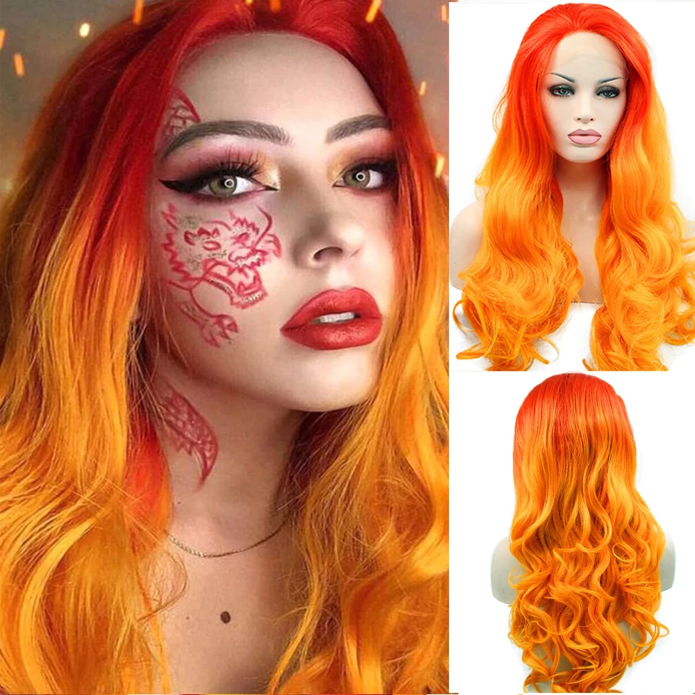 Melody Long Wavy Synthetic Lace Front Wig Ombre Orange, Copper, Blonde White Colorful Lace Wig for Women Halloween Cosplay Wigs