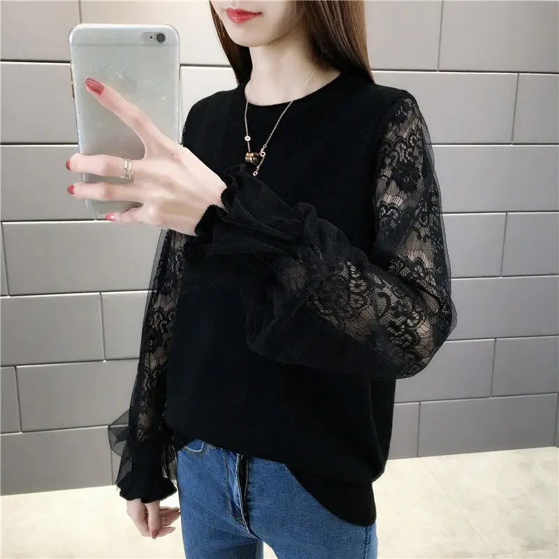 Women\'s Knitted Butterfly Sleeve Sweater, Elegant Fashion, Lace Splicing, Monochromatic Jumper, Women\'s Clothing, New, 2024