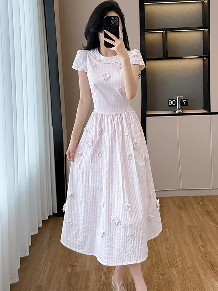 2025 neue Rosa Applikationen Kurzarm Casual Langes Kleid Frauen Elegante Chic Fesitval Party Kleid Sommer Koreanische Bodycon Prom Kleid