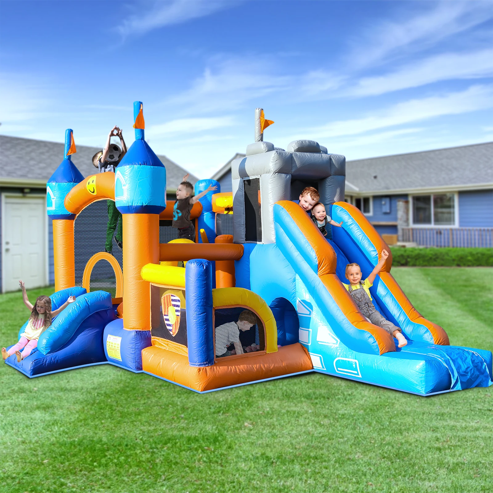 16 x 12 voet springkasteel van commerciële kwaliteit opblaasbaar (zwaar PVC), (blazer van 950 W) - 2 glijbanen, ballenbad, basketbalb