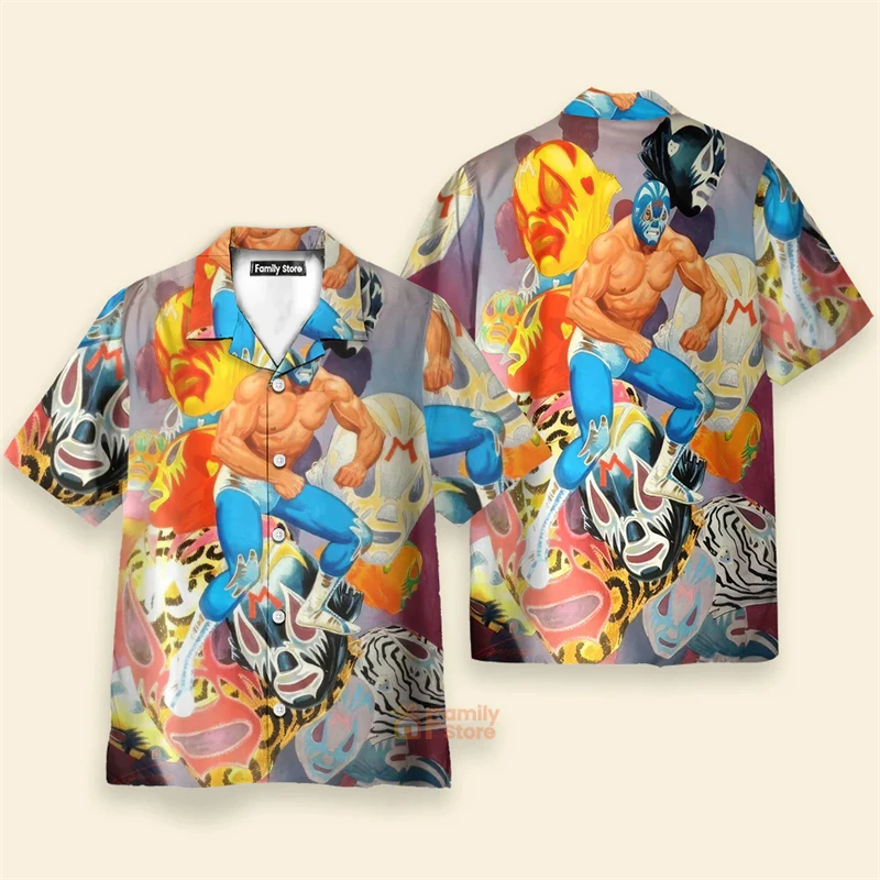 3d Print Mexican Wrestling Men's Shirts Summer Cool Mask Graphic Short Sleeve Beach Shirt Casual Hawaiian Top Tee Men Clothing