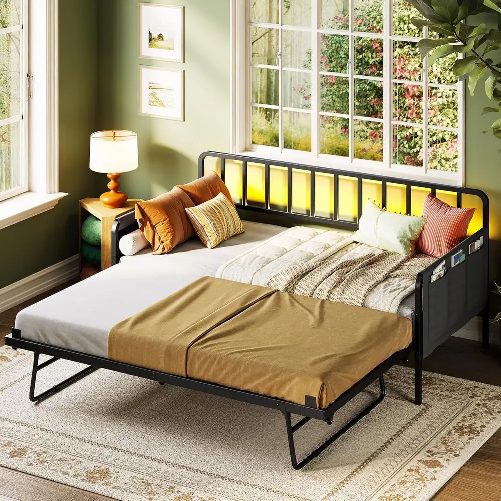 LIKIMIO Twin Daybed with Trundle, Charging Station & LED Lights, Metal Soa Bed e with Side Storage, Noise-ree, No Box Spring Nee