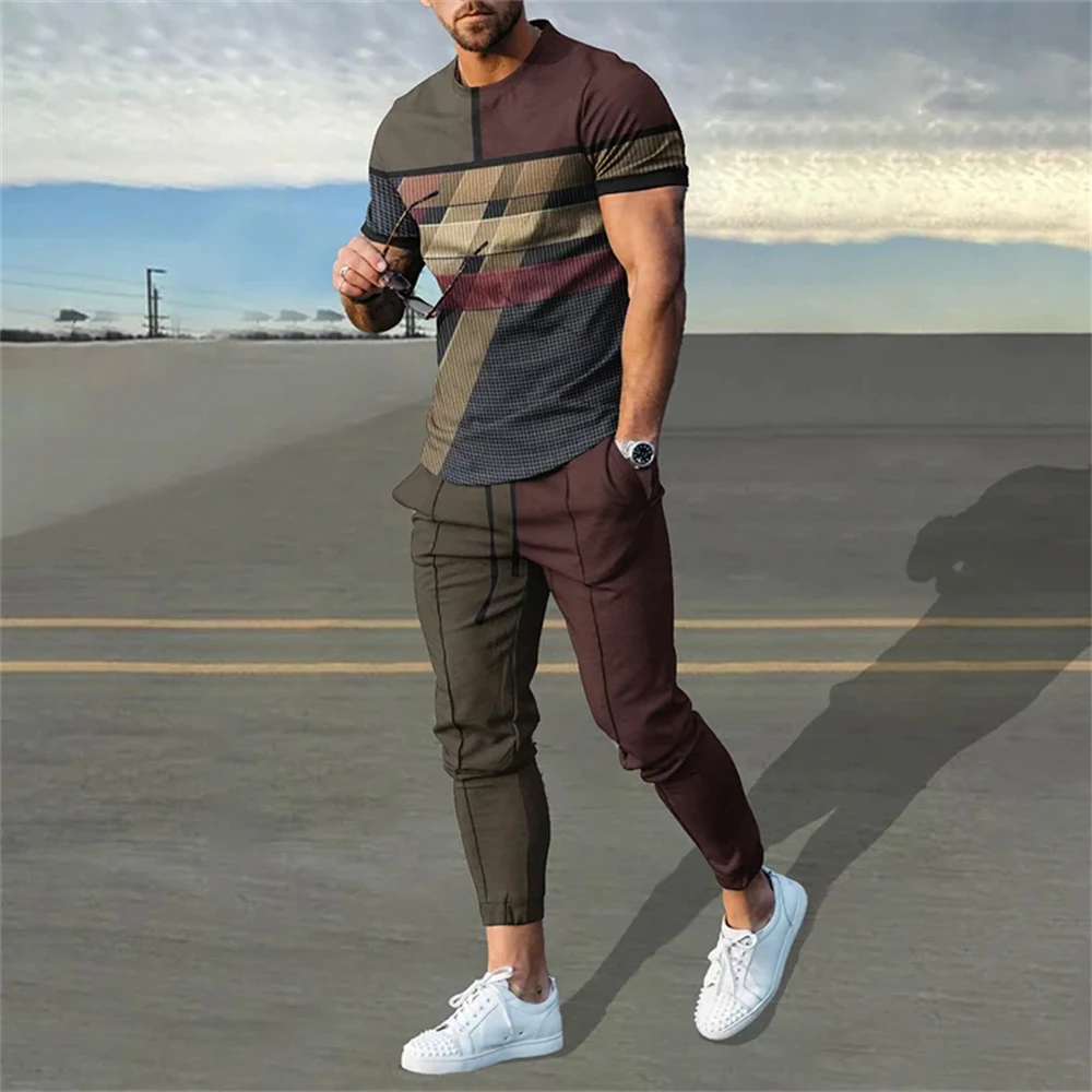 Men\'s Trousers Tracksuit 2 Piece Set Fashion Casual Sportswear Summer Streetwear Short Sleeve T Shirt Long Pants Male Clothing