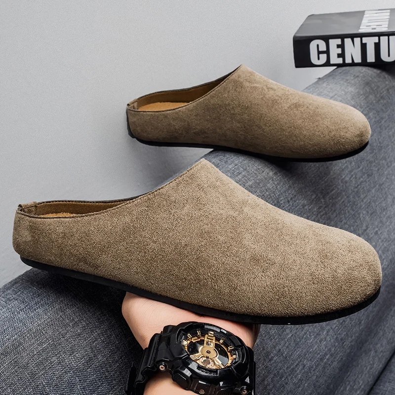 

Новые мужские тапочки-сабо с закрытым круглым носком из замши, осенние, в стиле ретро, однотонные, на плоской подошве, женские туфли-слингбэки