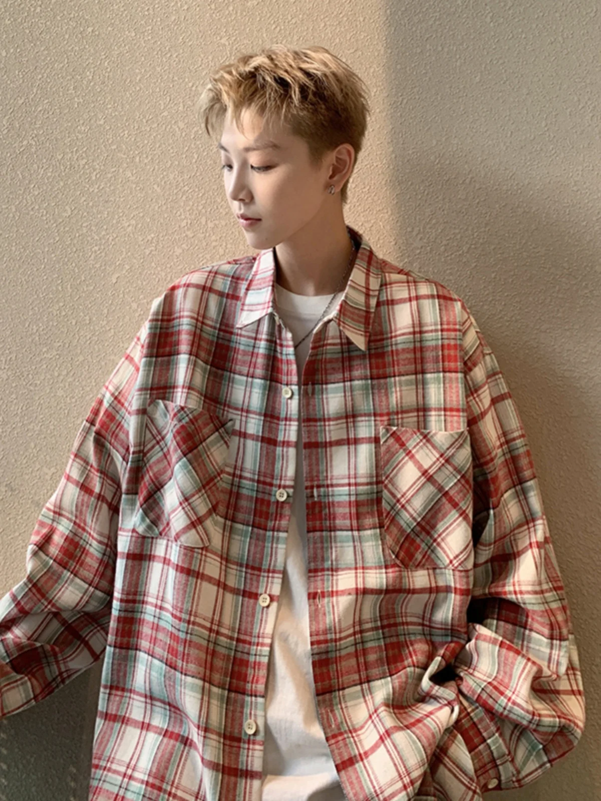 

Red Plaid Long Sve irt for Men Spring Autumn Workwear Trendy Brand Cool Teenage Turn-down Collar Jaet Loose Fit Button...
