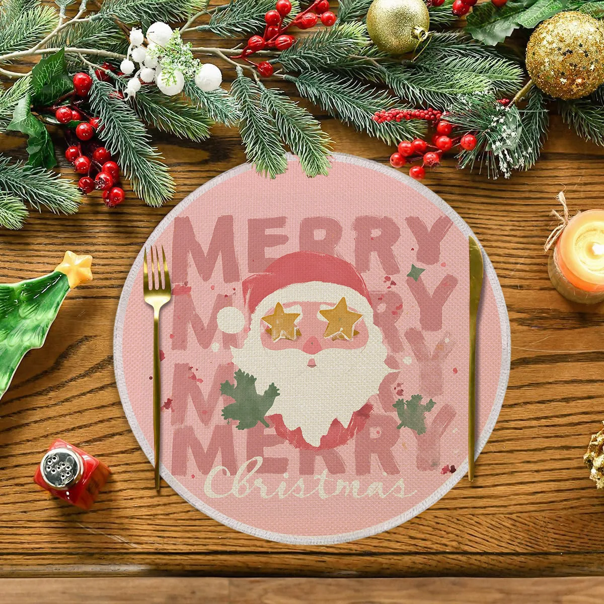 Mantel Individual navideño de 35,5 cm para mesa, estampado de casa de nieve rosa, acogedor tapete de cocina, poliéster lavable para decoración de mesa de comedor familiar
