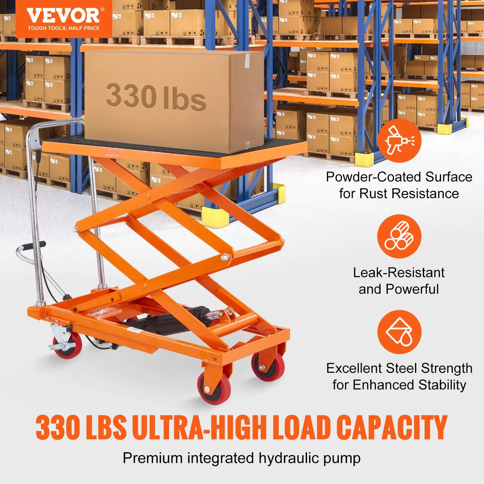 Hydraulic Lift Table Cart, Orange, 50-Inch