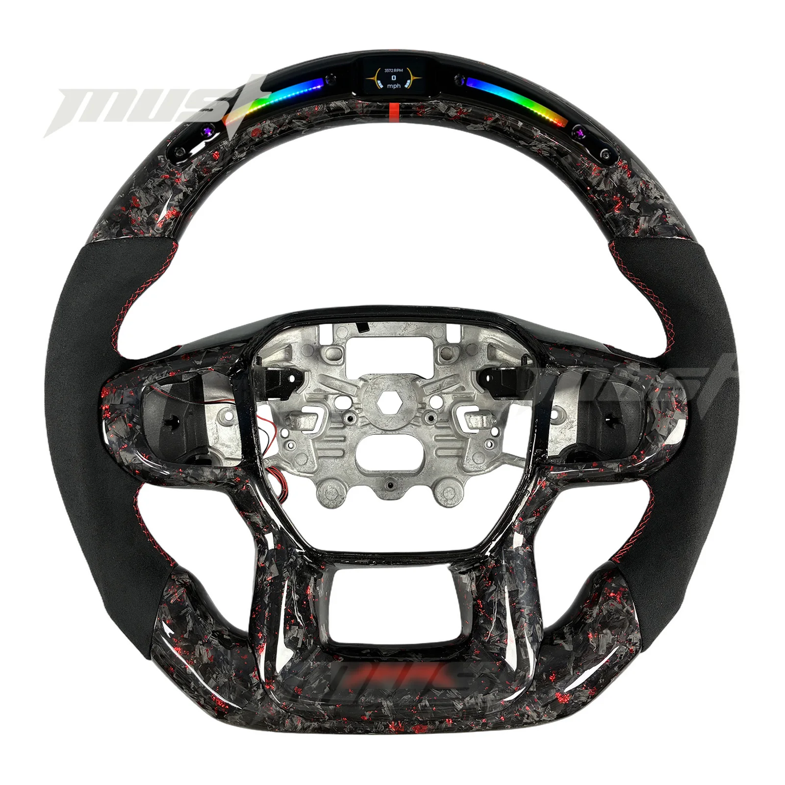

For Ford Ranger Raptor 2023-2026 Interior Upgrade Customized Red Flake Forged Carbon Fiber Steering Wheel With LED Rpm Display