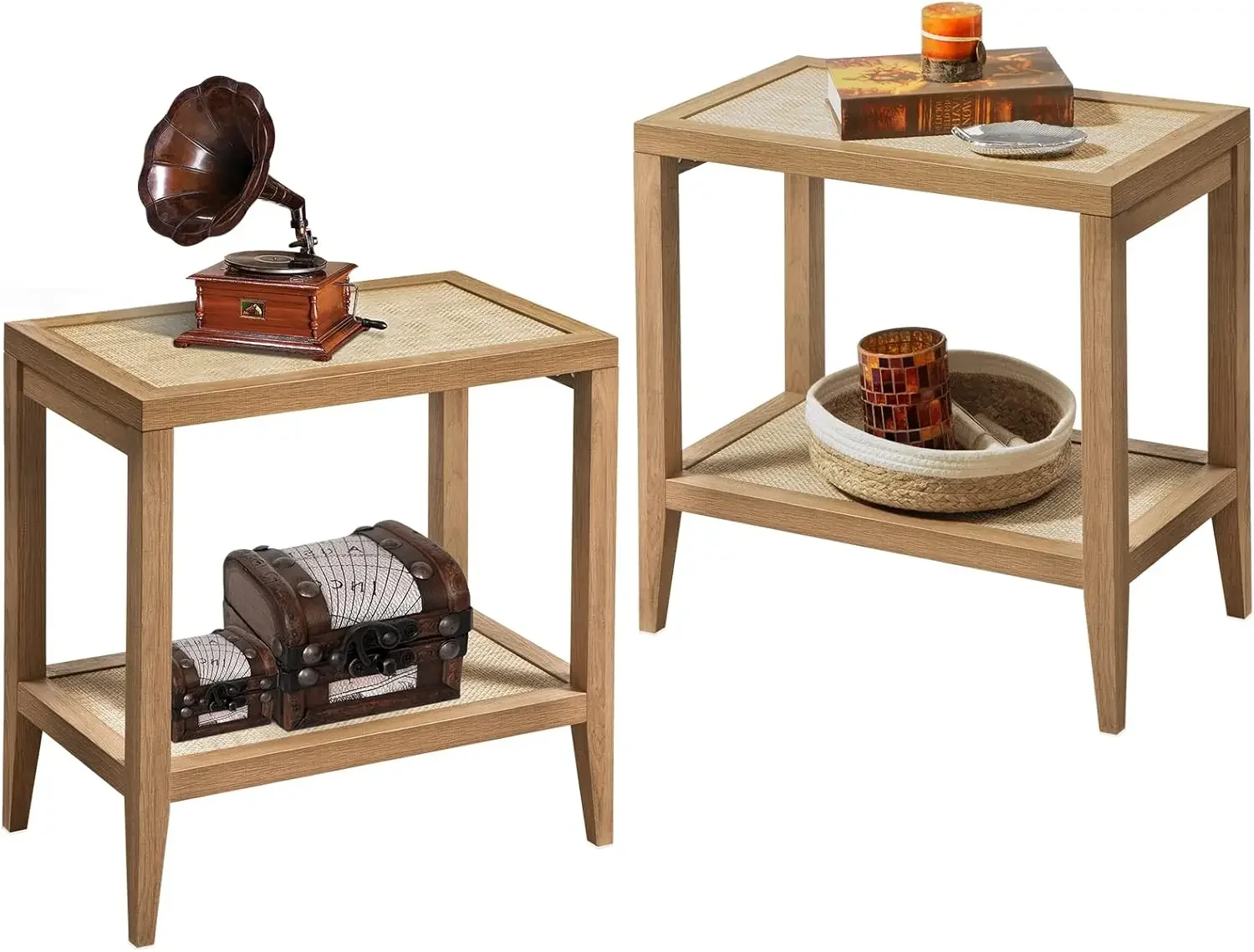 of 2 Bedside Table - Boho Narrow End Table Living Room Set of 2 Side Table with Rattan Storage Sh