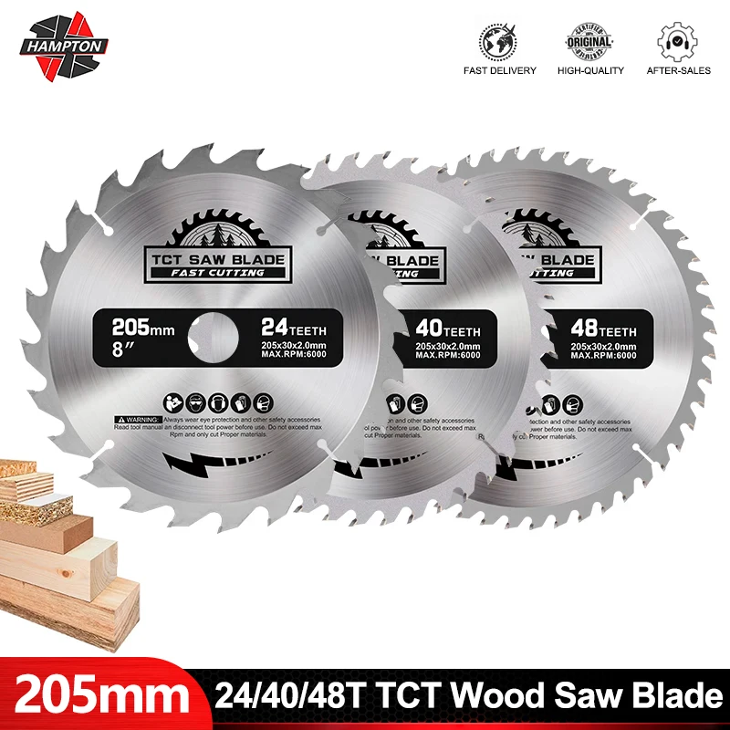 ハンプトン-205x30mm-tct-ディスク丸鋸刃木材用-24-40-48t-超硬木工鋸刃回転切削工具