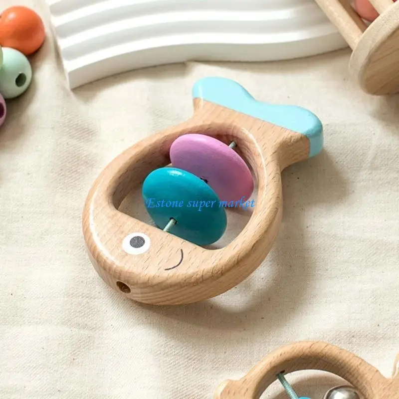 090B Kids Jingles Wooden Handle Rattle Finger Training Toy Musical Instruments
