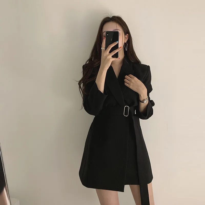 Blazers Women Mid-length Chic Solid Office Lady Trendy Long Sleeve All-match Adjustable Belt Design Daily Professional Outwear