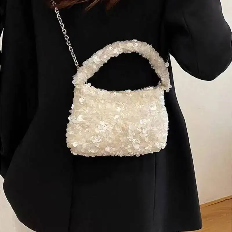 Bloom Shining Beige Beading Messenger Purse Women High Street Chain Beauty Hand Bag Female Fairycore Y2k Ceossbody Bags