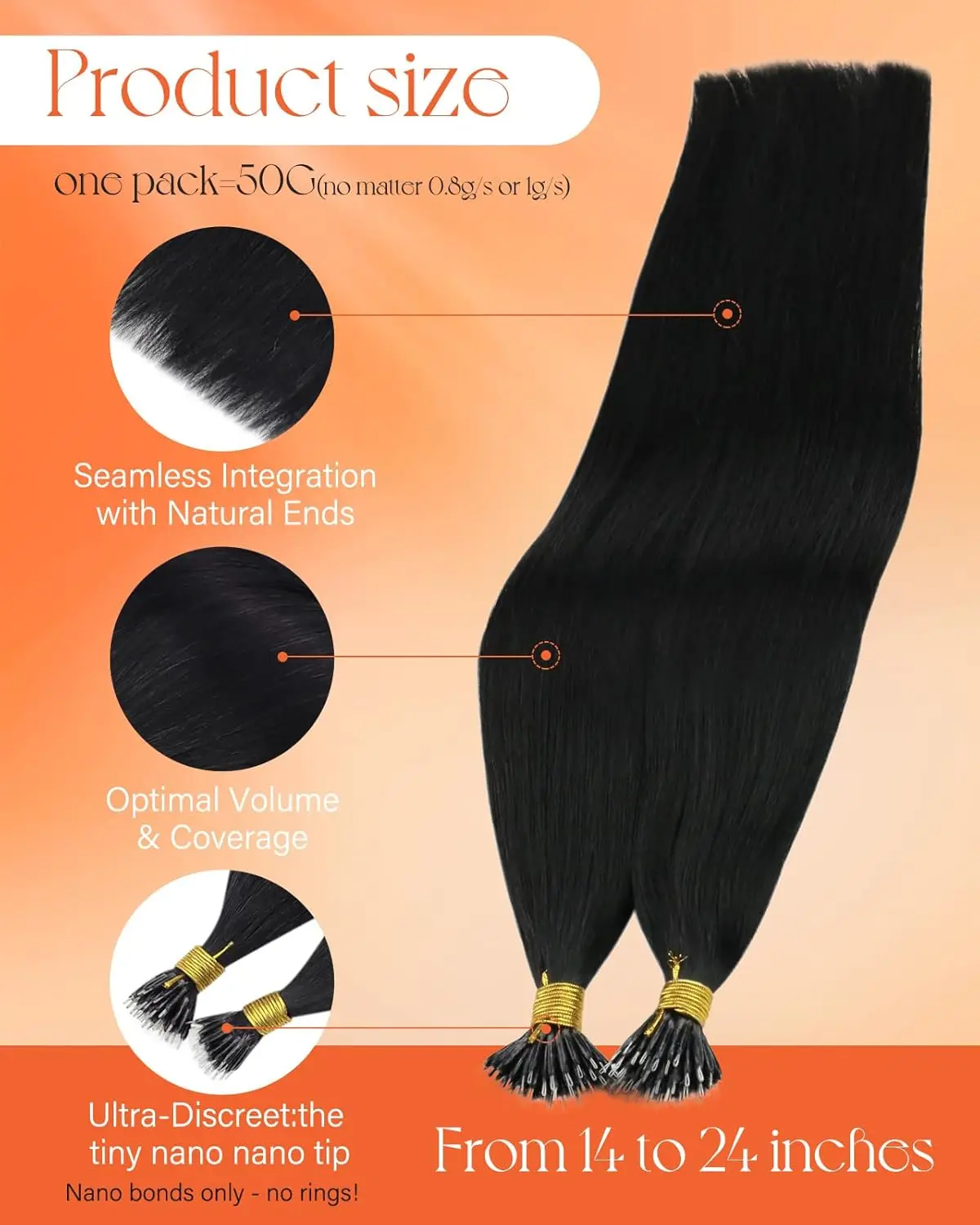 VeSunny حلقة نانو وصلات شعر شعر بشري أسود نانو ملحقات شعر بشري حقيقي طويل الأمد 50 جرام شعر ريمي مستقيم حريري