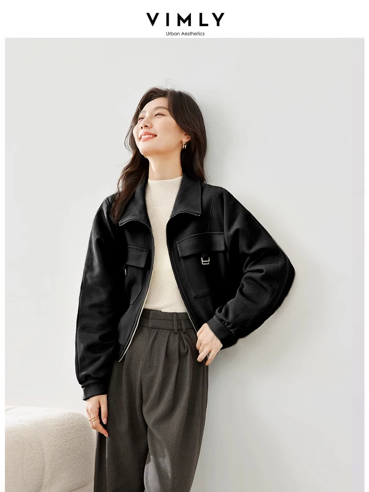 

VIMLY укороченная куртка на молнии с лацканами для женщин, повседневное свободное короткое пальто из 100% хлопка, новинка зимы 2025, верхняя одежда M6037