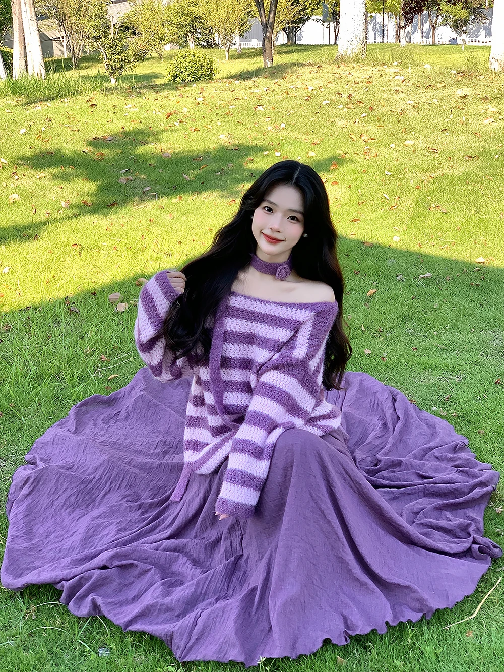 

Loose Women's Knitted One-oulder Striped Sweater Purple oulder Exposure Lazy Sle Casual Loose Sweater Girl's Knitwear