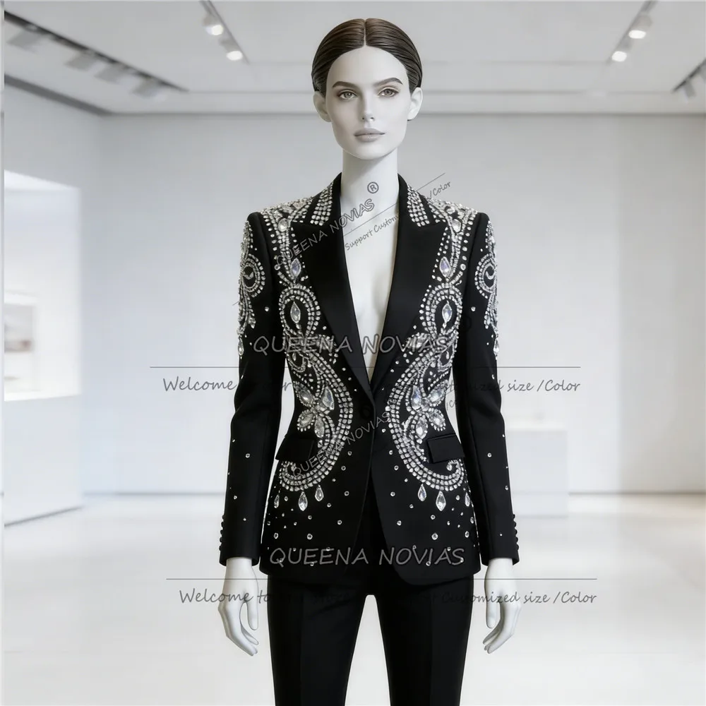 Unique Design Diamonds Stones Women's Suit 2 Pieces пиджак женски Slim Ladies Jacket Pant Customized Wedding Tuxedos