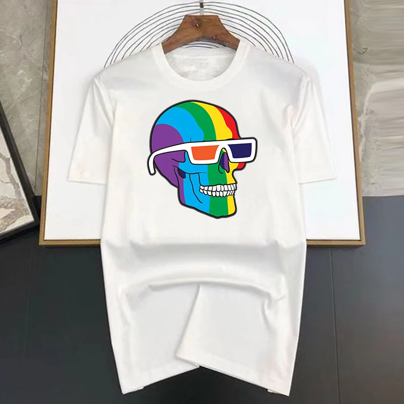 Funny Coloured skull ​Print Men T Shirts Korean Fashion Summer TShirt Casual Clothing Harajuku Short Sleeve Tops Tees Men's