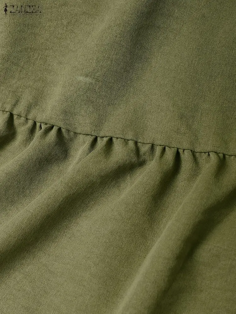 Zanzea vestido feminino casual linha a em camadas, outono 2021, cor sólida, decote em v, manga larga, meio botões, midi, vestido longo