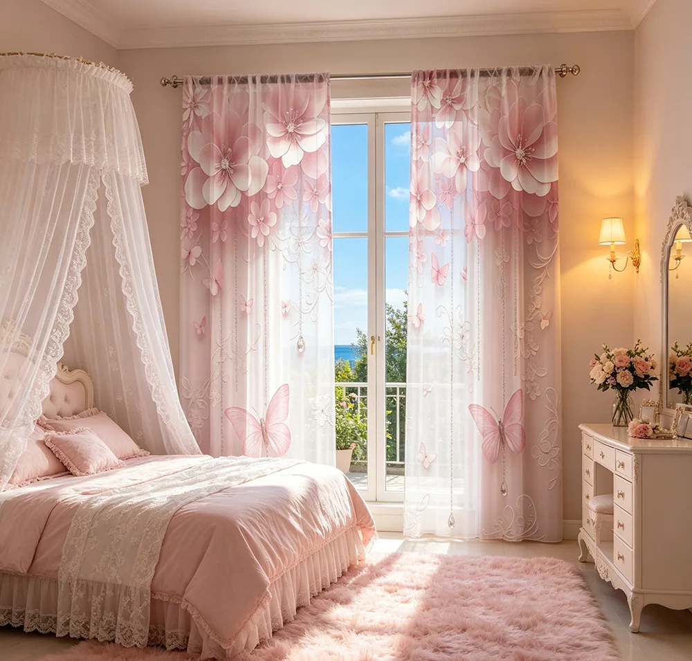 2PCS Digital Printing Sheer Curtain, Magnolia Flowers Southern Elegant Pattern, Classic Traditional Romantic Southern Home Decor