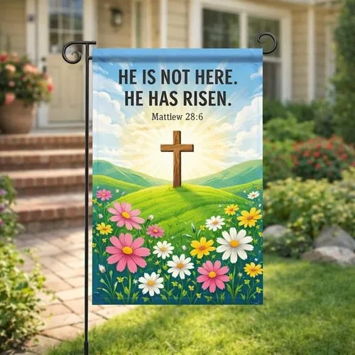 Easter Garden Flag, He Has Risen Matthew 28:6, Christian Cross Spring Floral Yar PPZ