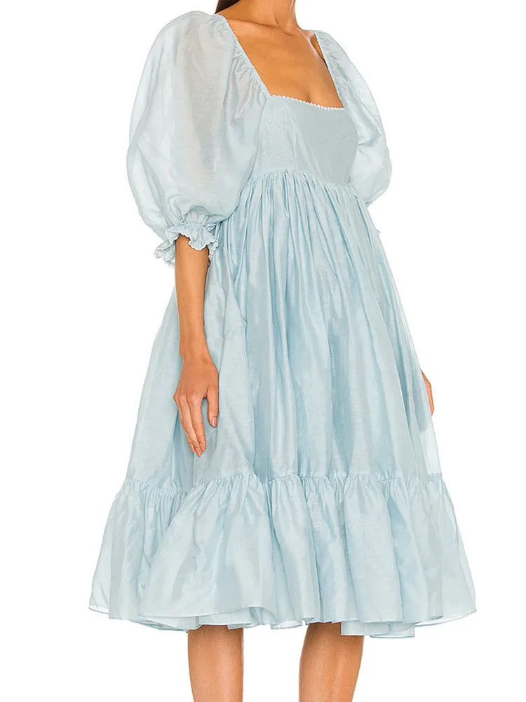 Summer Cotton Blue Ball Gown Dress 3/4 Puff Sleeve Princess Women Spliced Lace Cuff Swing Midi Dresses Fairy Cake Vestidos