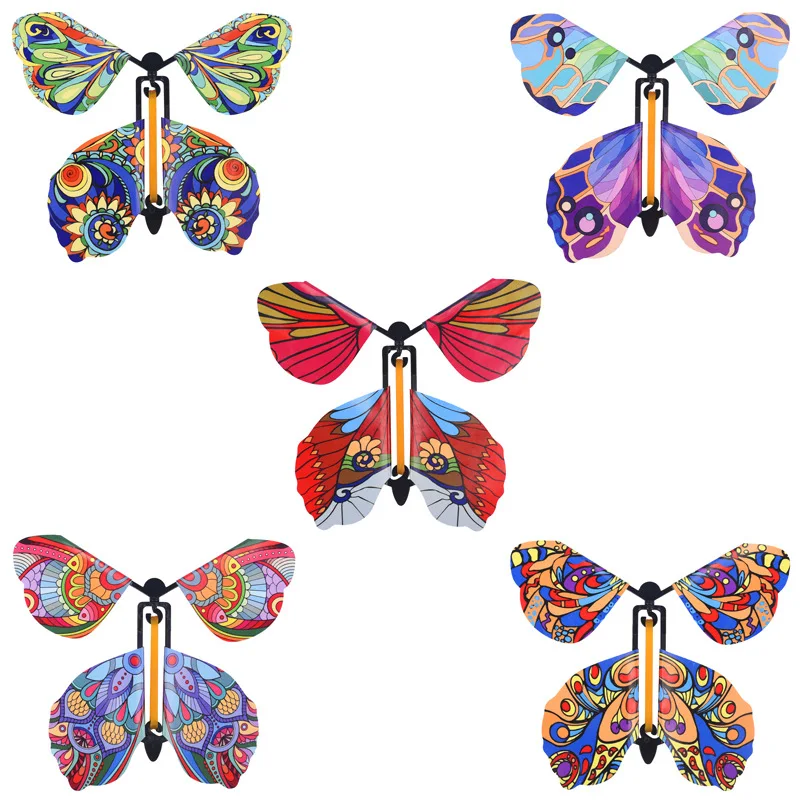 5Pcs Flying Butterfly Magic Tricks Flying In The Book Fairy Rubber Band Powered Wind Up Butterfly Magia Accessories Funny Toys