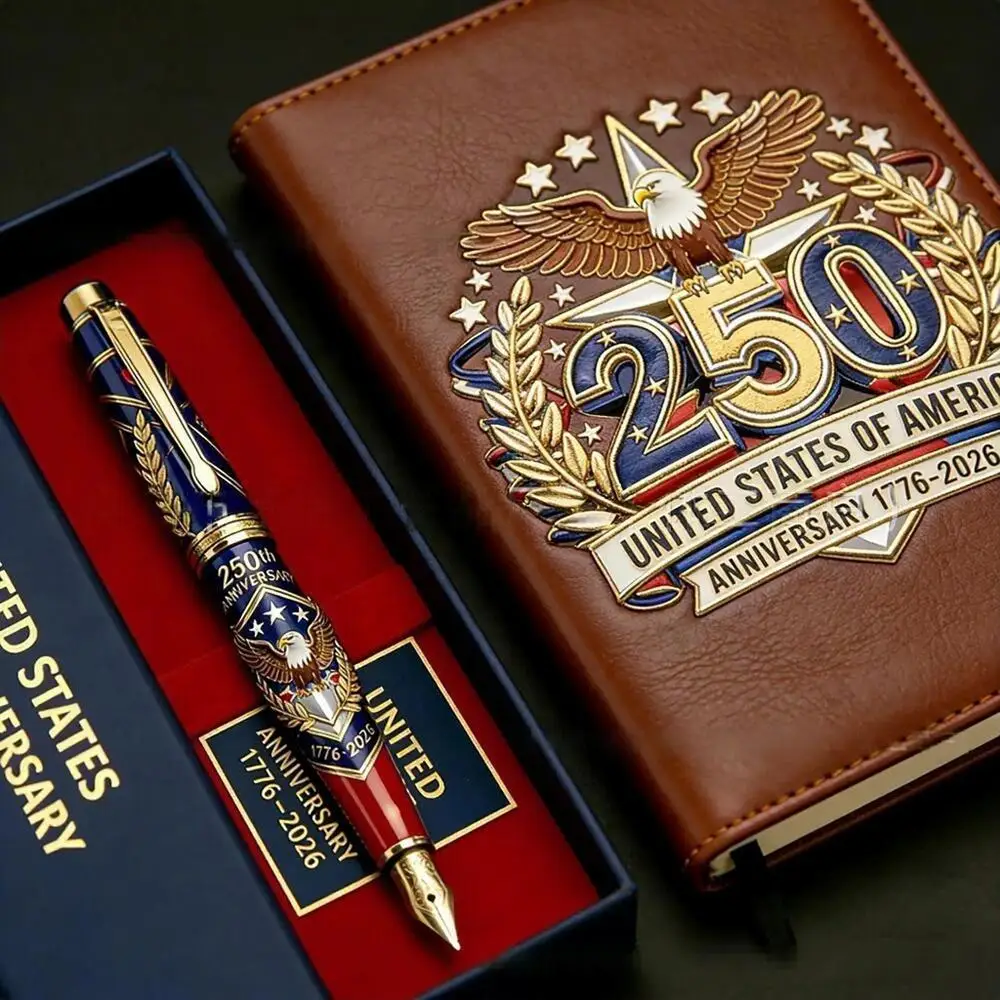 2026 250e anniversaire des États-Unis Carnet en cuir avec stylo à bille, coffret cadeau pour homme - Thème Jour de l'Indépendance
