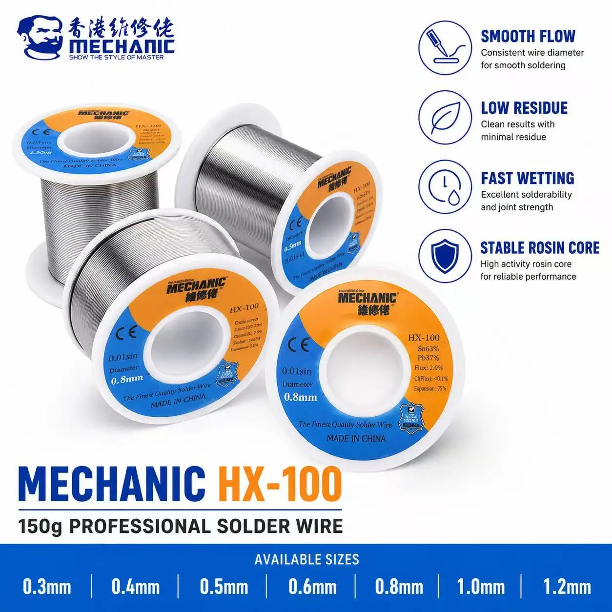 MECHANIC 150g Premium Rosin Core Solder Wire 63% Tin 37% Lead Low Splash Fast Wetting for Electronic Soldering PCB Repair