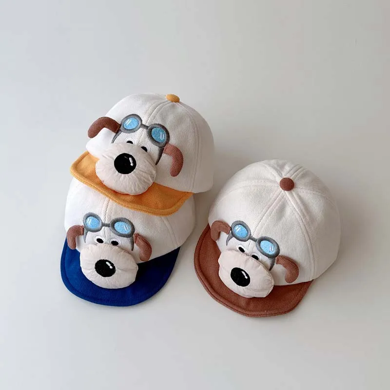 Korean Baby Hats Cute Boys Peaked Caps Baby Soft Brim Puppy Hat Trendy Girls Baseball Cap Autumn Winter Adjustable Headwear 0-1Y