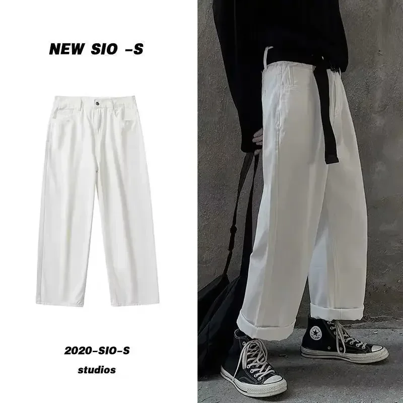 Trendy White Jeans For Men 2021 Artistic Casual Straight-leg Bell Bottoms Korean Style Loose Fit For Spring Summer Seasons