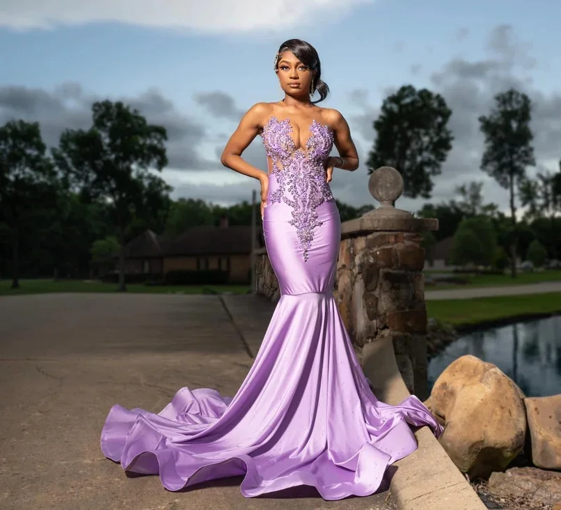 Lilac African American Prom Dresses For Black Girls Mermaid Sheer Beaded Crystals Elegant Robe De Soiree Evening Gown Customized