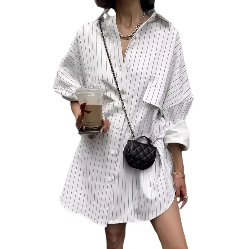 Fashion Autumn Winter Women Oversized Striped Long Shirt White Long Sleeve Loose Fit Blouse Female