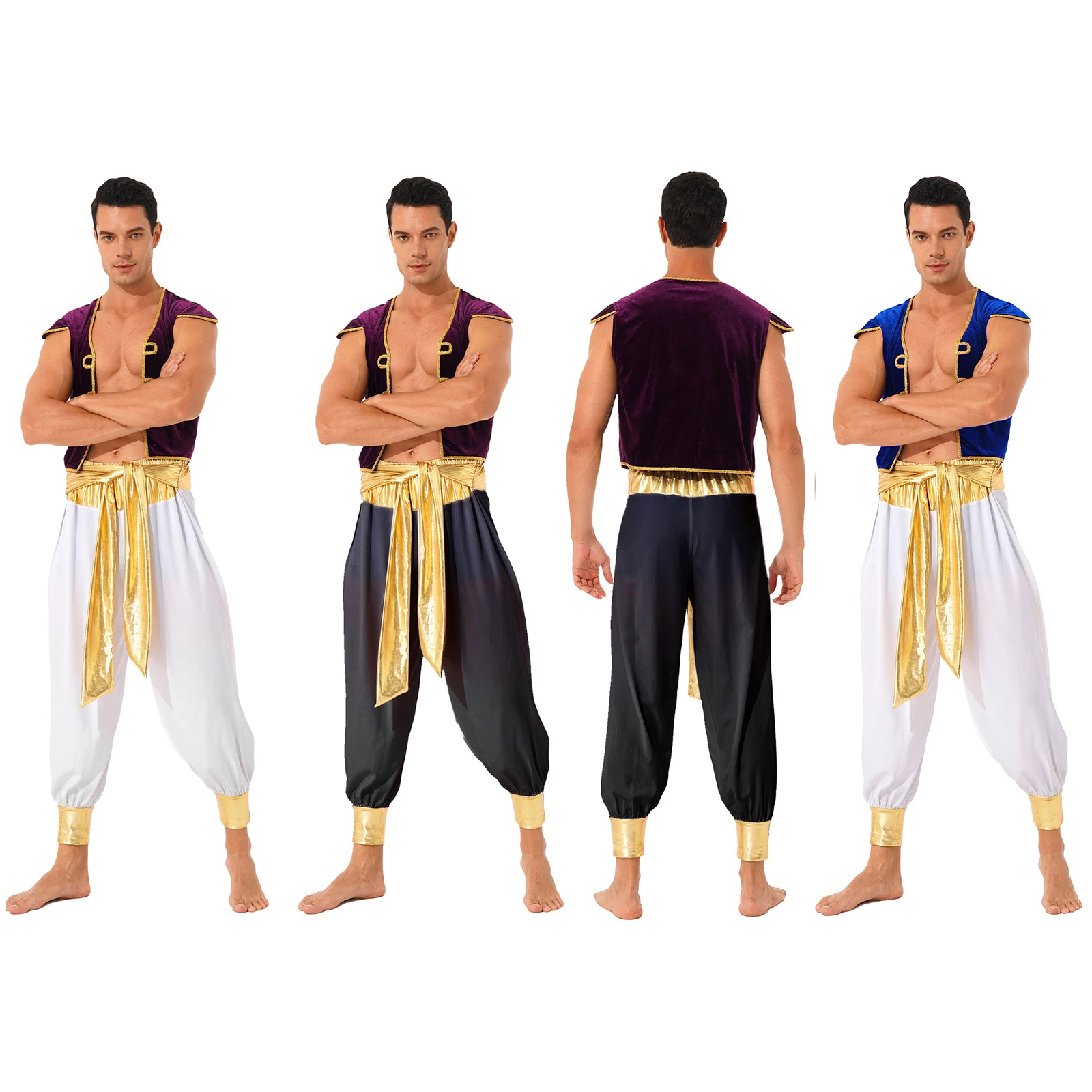 Men Halloween Arabian Prince Costume Sleevelees Velvet Cardigan Vest +Harem Pant Suit Xmas Arab Prince Cosplay Carnival Outfits