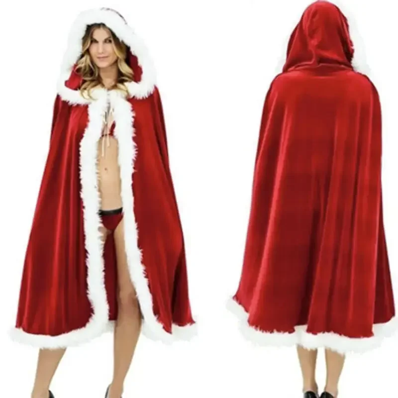 

Christmas Women Velvet Cape New Year Cloak for Adults Kids Santa Claus Red Hooded Robe Role Play Party Performance Costume