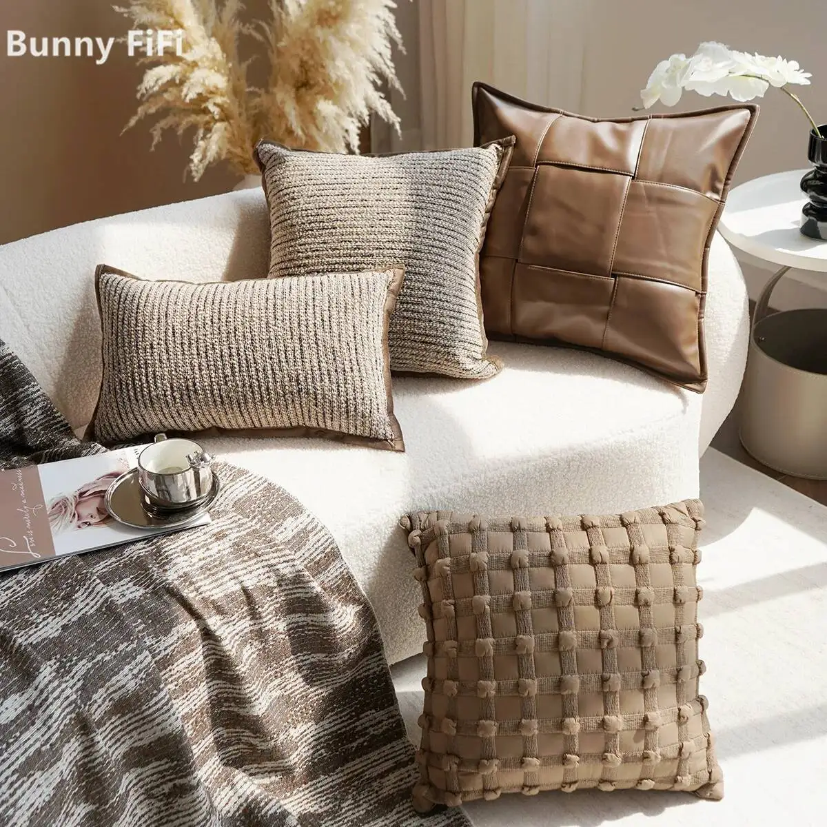 Luxury Striped Plaid Leopard Pattern Cushion Cover Leather Chenille Velvet Plush Decorative Throw Pillow Case For Sofa Bed Decor