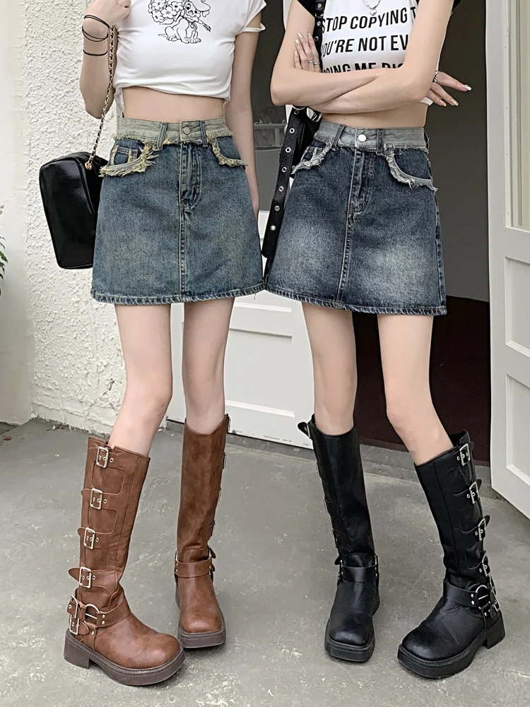 Rétro américain épicé fille a-ligne jupe en jean femmes grande taille taille haute minceur f jupe coréenne Sle trajet pur...