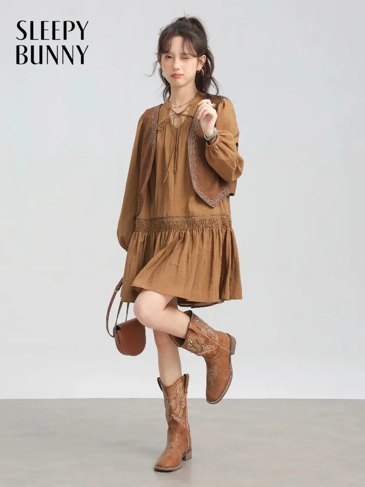 

Bohemian Tie Neck Flowy Midi Dress Women Elegant Ethnic Inspired Lantern Sleeve Waist Slimming Casual Early Spring Outfit Lady