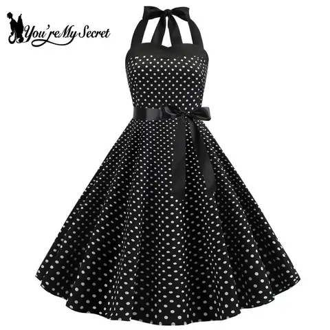 [You're My Secret] Polka Dot Vintage Women Dress 50S 60S Gothic Pin Up Rockabilly Dress Femme Sexy Sleeveless Prom Party Dress