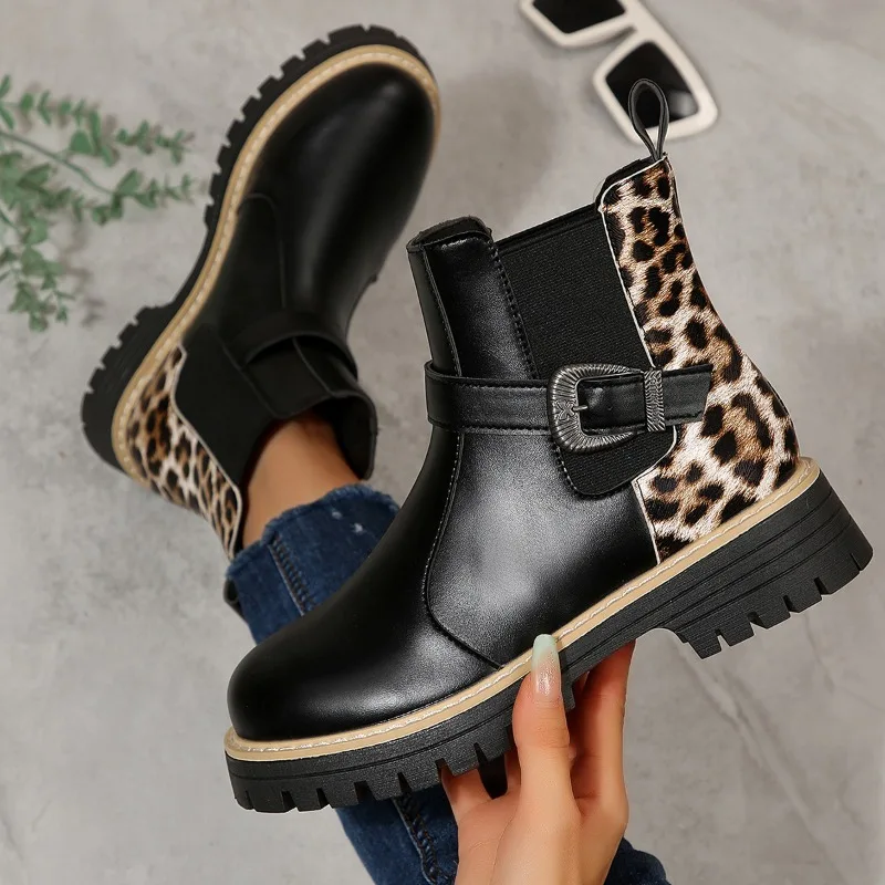 

Punk Metal Buckle Thick Bottom Black Ankle Boots Women 2025 Winter Leopard Pu Leather Chelsea Boots Brand Woman's Short Booties