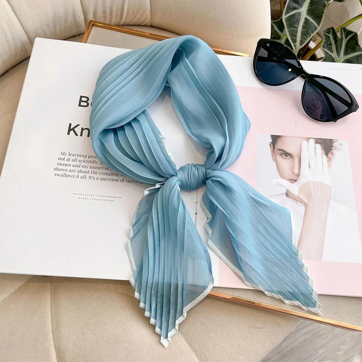 Women Pleated Satin Solid Scarf Headscarf Neckerchief Square Shawl Hair Tie Band HandKerchief Satin Foulard Scarves Decorative image 3