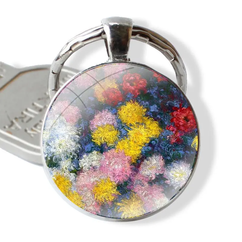 Claude Monet Classic Oil Painting 25mm Glass Cabohcon Keychain Key Rings for Women Men Jewelry Gift