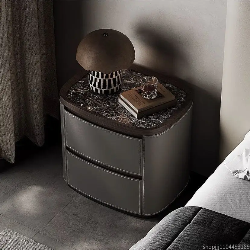 

Luxury Italian Nightstand - Minimalist Marble & Saddle Leather Bedside Cabinet