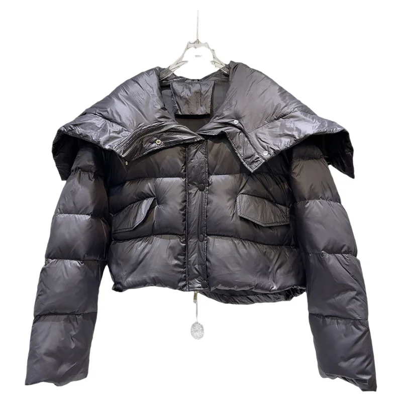 暖色系ネイビーカラーの襟付きダウンジャケット、レディースファッション、冬の新作、肩当て付き、長袖コート