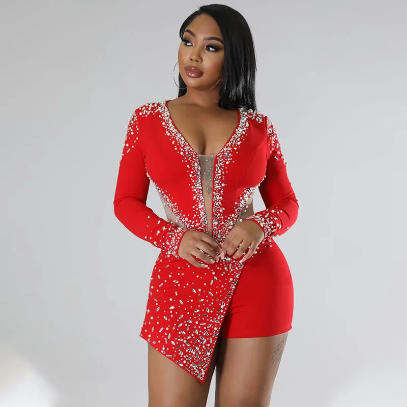 

Sexy Diamonds Patchwork Birthday Dress for Women Party Nightclub Mesh Sheer Long Sleeve V-neck Chirstmas Prom Bodycon Mini Dress