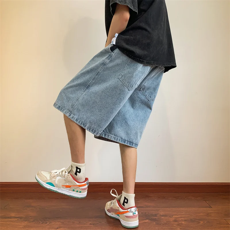 Pantalones cortos vaqueros de verano para hombre, Vaqueros coreanos estilo Harajuku Retro, holgados y rectos que combinan con todo, de pierna ancha,