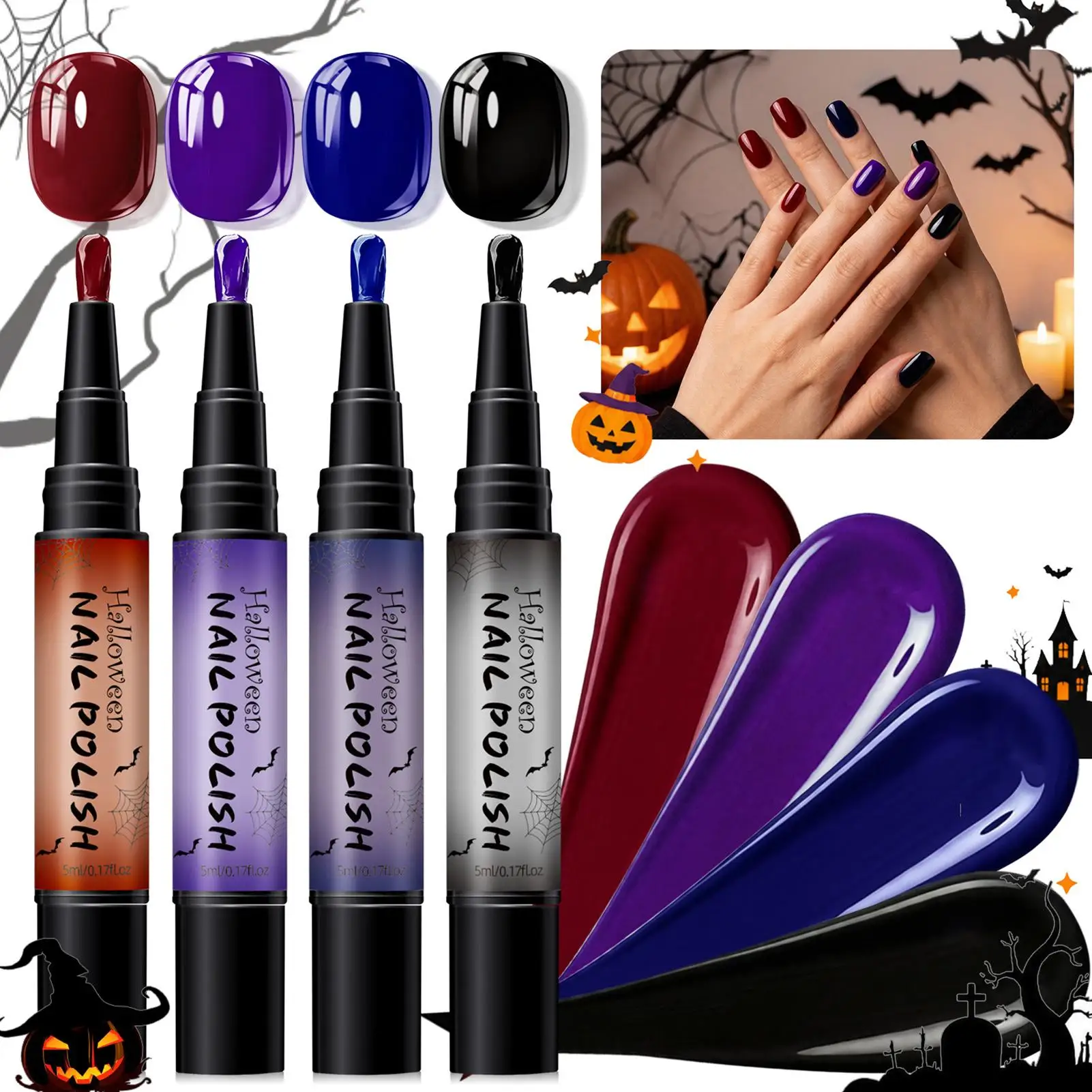 4pcs Halloween Manicure Supplies Nail Gel Paint Pen Water-baseds Nail Polishs Pen Graffiti Painting Brush Nail Arts Design Gel
