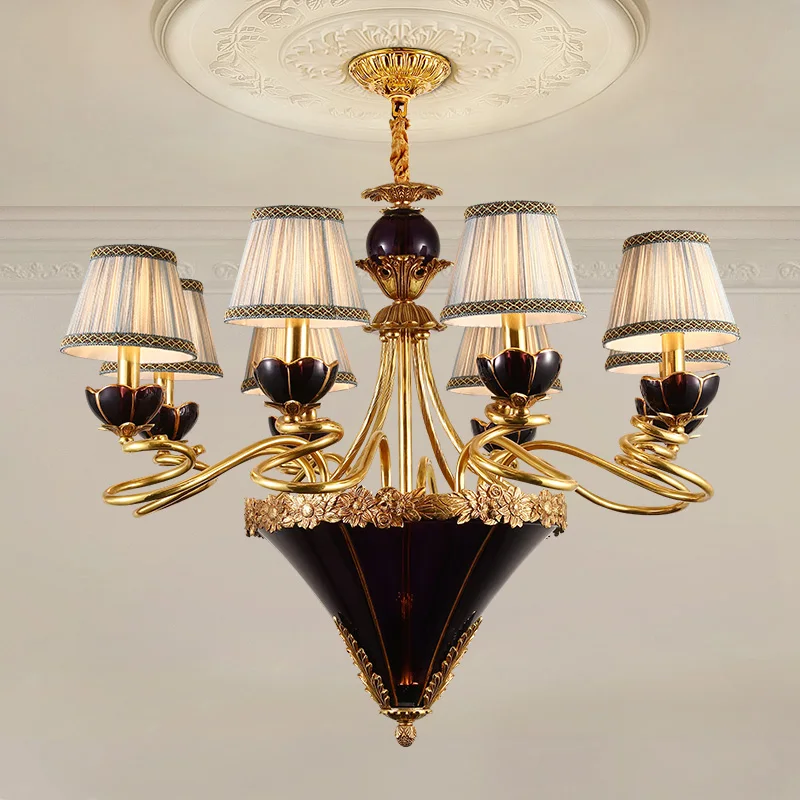 

French Pastoral Classic Ceramic Fabric Copper Chandelier Villa Hotel Living Room Deco Luminaire European Brass Pendant Light
